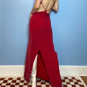 VINTAGE MADE IN USA FULL LENGTH RED GLITTER PS PER SEPTION BRAND DRESS OPEN BACK